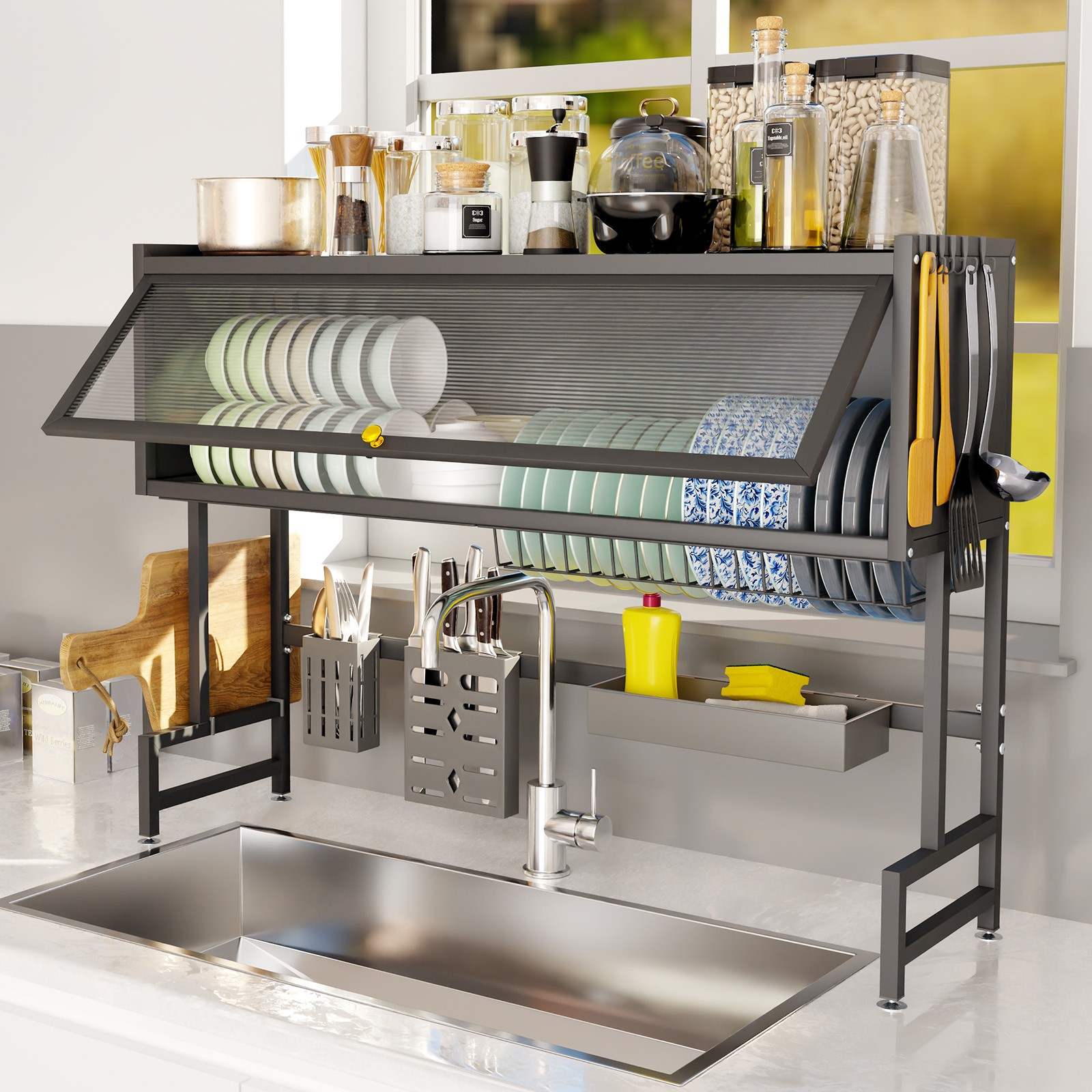3 Tier Over The Sink Dish Drying Rack Large Dish Rack For Kitchen w/ Lid Metal 