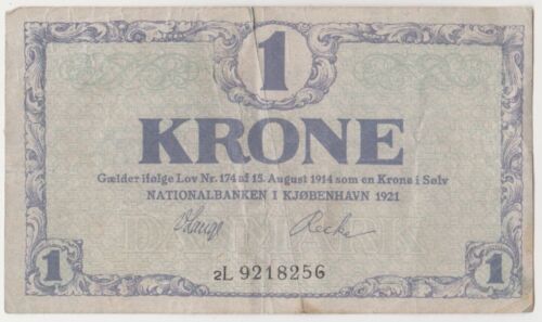 Denmark Kingdom National Bank Copenhagen 1 Krone 1921 Prefix 2L F/VF