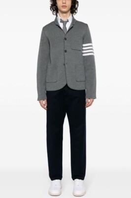ジャケット THOM BROWNE SINGLE-BREASTED COLLARLESS JACKET Thom Browne Mens Single Breasted Sport Coat Merino Wool NWT
