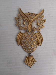 Authentic Gold Plated Owl with Big Gold Round Eyes Hanging Pendant 4-1/2" long x 2-1/2" W