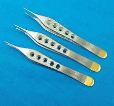 3 PC ADSON DRESSING FORCEP SERRATED FINE POINT 4.75" W/ FENESTRATED GOLD HANDLE