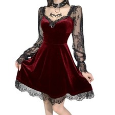 rotes Gothic Vampire Samt Kleid mit Spitze und Hoher Taille Bodycon Kleid S M L