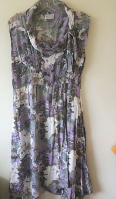 Masai Clothing Company Purple Green Arty  Dress Sz  XS 8 10  Floral Hydrangea 
