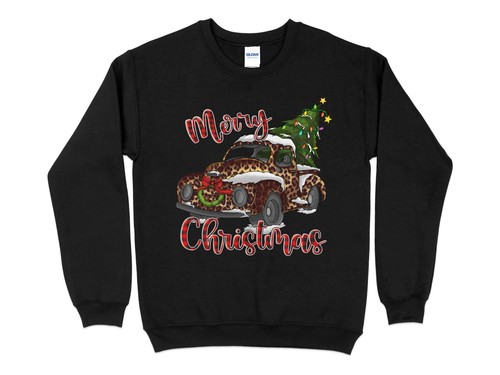 Merry Christmas Leopard Print Truck Sweatshirt, Christmas Sweater for Women, Chr - 第 8/19 張圖片