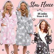Womens Dressing Gown Star Printed Fleece Borg Ladies Soft Cosy Plush Hooded Robe