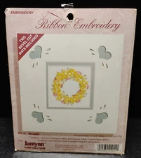 Ribbon Embroidery Kit Yellow WREATH #21-11 With 2 Bevel Cut Mats 6" X 6" Janlynn