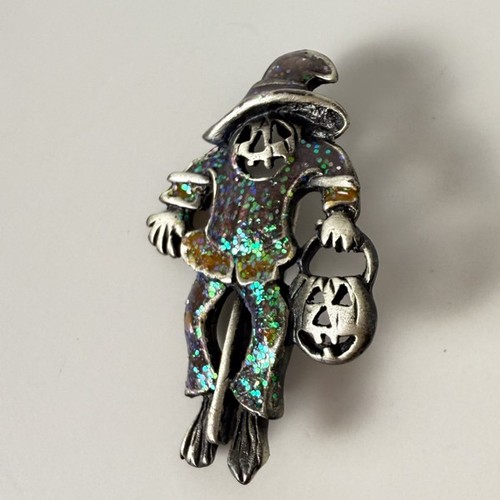 Halloween Scarecrow Pumpkin~AAI brand~Pinback Jewelry~Metal/Enamel/Glitter~1980s - Picture 5 of 8