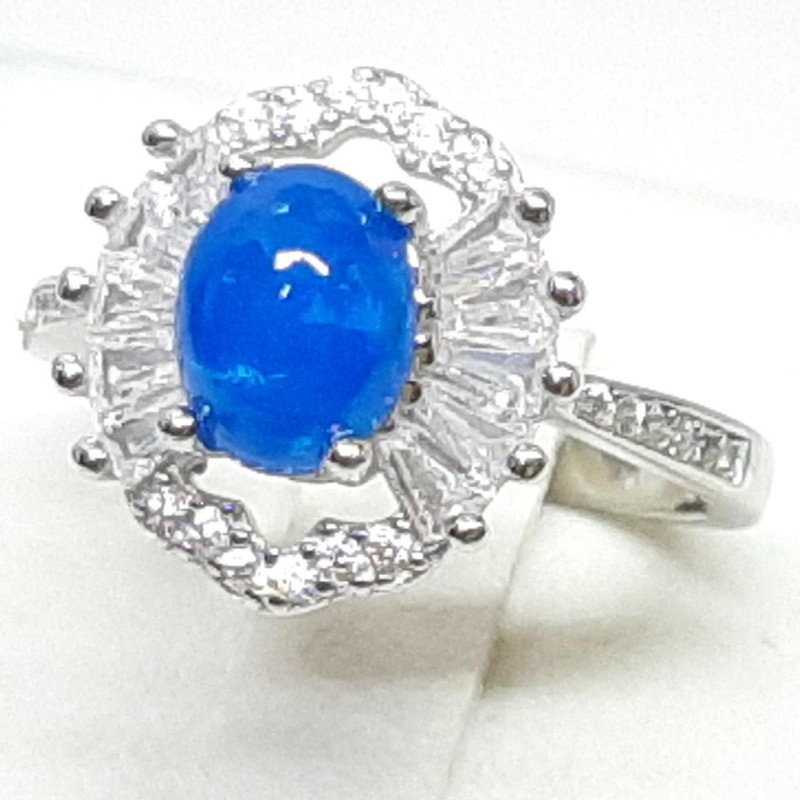World Class 2.00ctw Blue Opal & White Sapphire Baguette 925 Silver Ring Size 8
