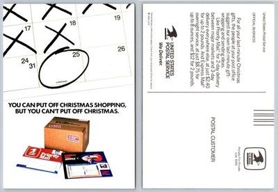 1989 USPS Christmas Shipping Reminder Postcard - Priority Express Mail Ad