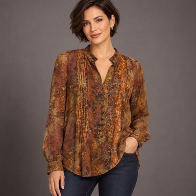 Coldwater Creek Womens M Sheer Floral Paisley Pintuck Tunic Blouse Boho Fall Top