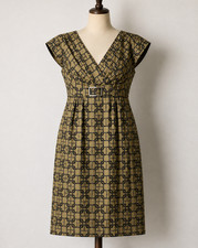 100 % Silk Tahari  Dress Beige & Deep Gray Chain Print Structured Waistband SZ 8