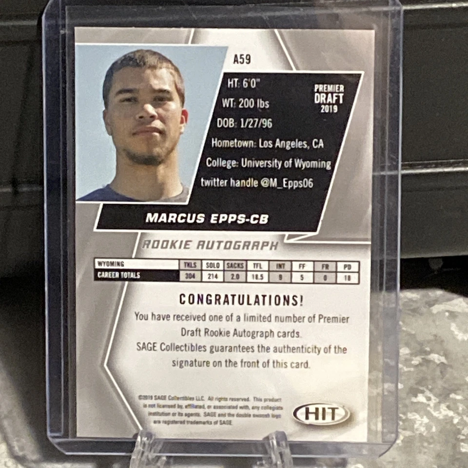 2019 Sage Hit Premier Draft Rookie Auto Black Marcus Epps #A59 Auto - Image 2 of 3