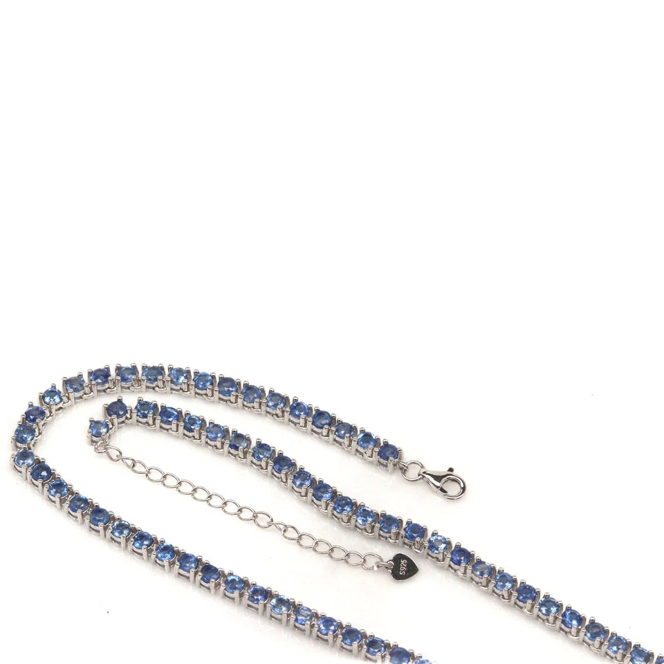 925 Sterlingsilber Weiß Vergoldet 3 Mm Blauer Saphir Halskette 16,0" - Bild 3 von 4