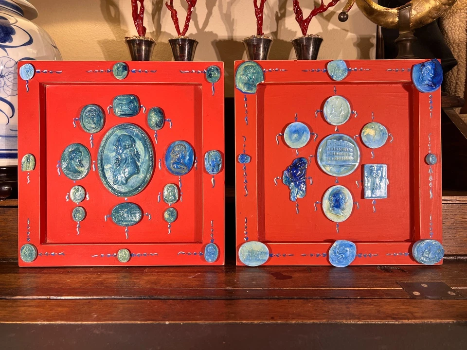 Par de Neoclássico Grand Tour Faux Blue Faiança Intaglio Conjunto em Molduras Pintadas - Imagem 4 de 4