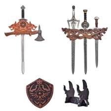 Medieval Fantasy Norse Viking Wood Sword Plaque Axe Display Mount Stand