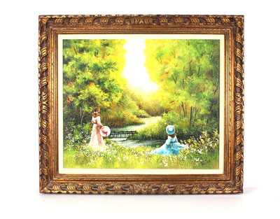 Vintage Victorian Ladies Enjoying The Landscape Oil Painting Signed Oliva