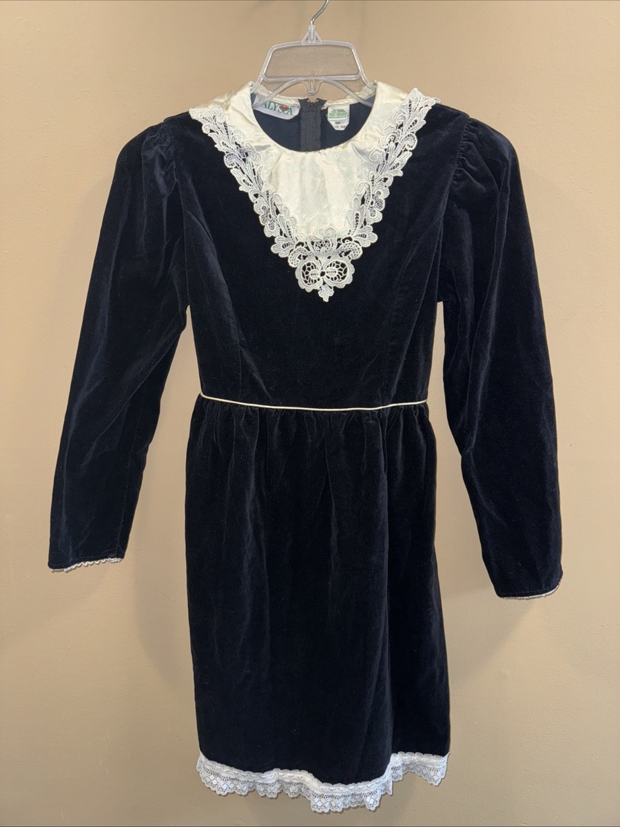 Girls 16.5 Vintage Cottage Core Velvet Dress, 1960 Lace Trim Alyssa | eBay