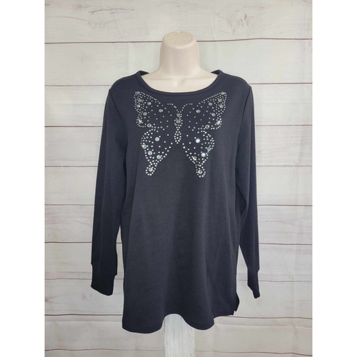 MEDIUM BLACK A612399 Quacker Factory Fall Flutter Long Sleeve Top w/ Cuffs