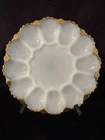 Vintage Anchor Hocking Milk Glass Deviled Egg Plate with Gold Trim Ornate Bottom
