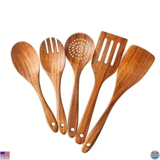 5-Piece Natural Finish Wooden Cooking Utensils Set: Spatula, Skimmer, Spoons,