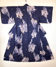 Vintage Japanese Yukata Kimono Navy Purple Floral Cotton Summer Robe 59.8" 152cm