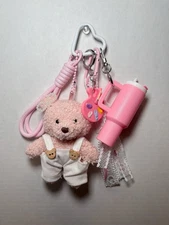 5-Piece Keychain Set With Pink Teddy Bear Plush, Cup Chapstick Holder & More