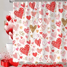 Valentines Shower Curtain Red Golden Pink Heart Love Fabric Decor 72x72 Inch