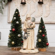 RAGON HOUSE Primitive Antiqued Cream & Grey Santa Claus Figure w/ Lantern 12 In