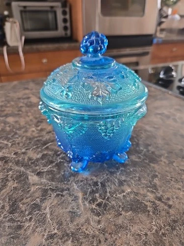 VTG 1950s Jeanette Glass Footed Covered Cobalt Blue Green Candy Dish Grape Leaf