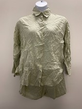 Women 2 Piece Lounge Set Long Sleeve Button Down Shirt Shorts Green Medium
