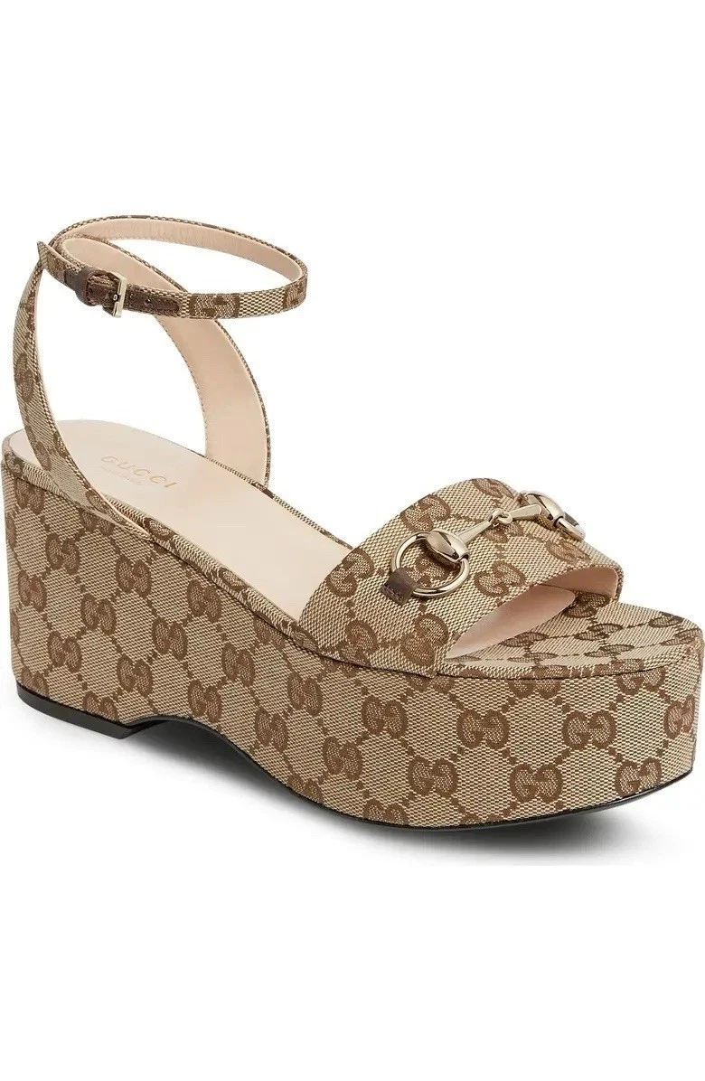 Gucci — Gucci Women’s Horsebit Platform Wedge Sandals GG Canvas Size 39.5