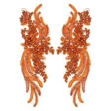 1 Pair 14"x5" Handmade Rhinestone Applique Beaded Applique Patch Orange