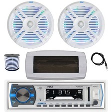 Pyle Bluetooth Marine Radio, Cover, Antenna,Wire, 2x 6.5" 250W LED White Speaker