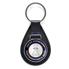 US Navy Photographer's Mate Black Leather Keychain Silver Keyring Military Gift