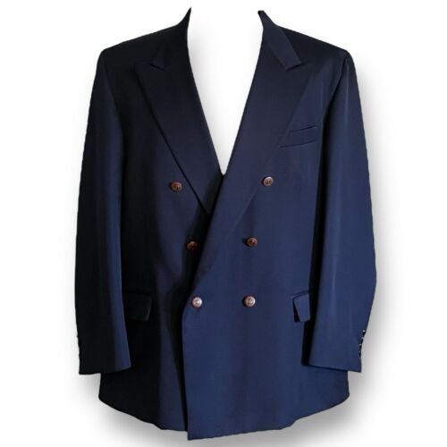 Orvis Mens Travel Blazer 46L Navy Blue Worsted Wool Double Breasted Peak Lapel