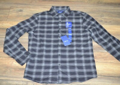 Apt 9 Soft Touch Mineral Black Plaid Flannel Button Down Long Sleeve Shirt