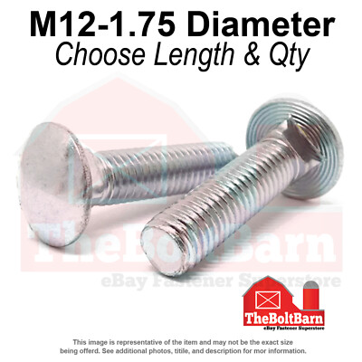 M12-1.75 Class 4.6 Round Head Carriage Bolt Zinc Clear (Choose Length & Qty)