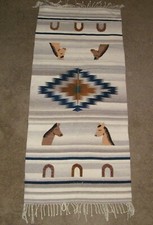 Vintage Mexican Poncho Blanket Woven Wool Southwestern Folk Art Horses 31" x 70"