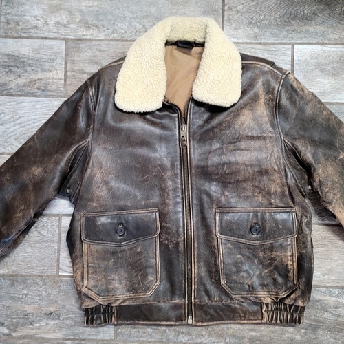 VTG Men Shearling Lambskin Leather Flight Bomber Jacket Distressed SzXL - Picture 8 of 10