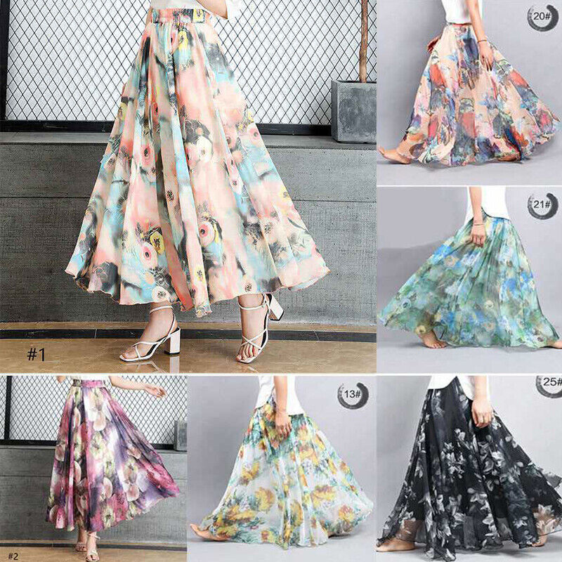 Chiffon Beach Maxi Long Skirt Women Floral Fashion Party Printed Summer  Skirt