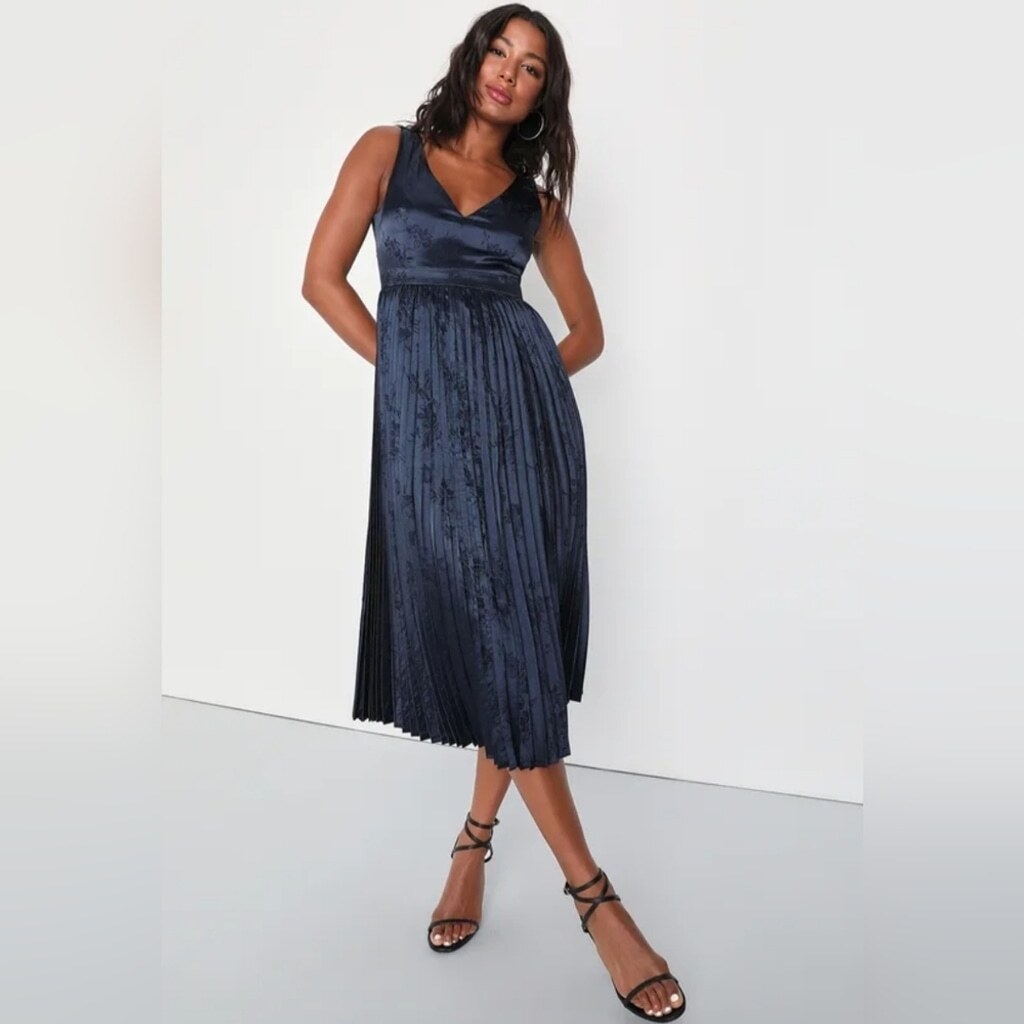 navy blue dress for baby girl NWOT Lulu's Navy Blue Satin Backless Pleated Midi Dress Size XL=14/16
