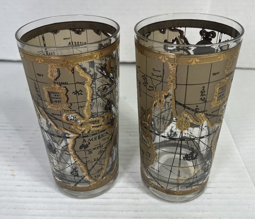 (2) Vintage Cera World Map 22K Gold MCM Bareware Highball Glasses 5.5” 12 OZ - Picture 5 of 7