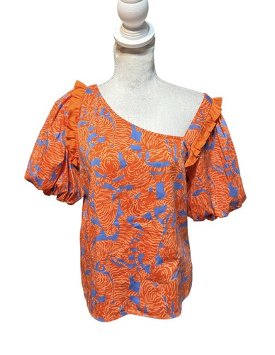 Alden, Alden Adair Size MOrange Blue Tigers Puff Sleeve Blouse Top Asymmetrical Necklin