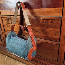 Lancel Denim Shoulder Bag Brown Leather Handbag Small 