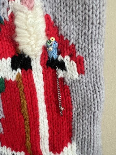 Vintage Christmas Knit Stocking Santa Long Gray Holiday 3D Beard Handmade - Picture 4 of 5
