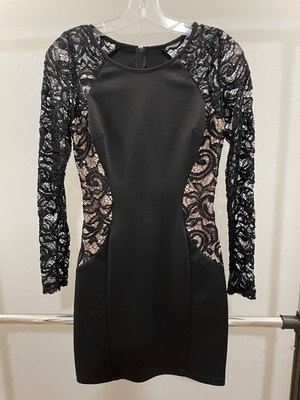 BCX Black Lace w/Sequin Bodycon Long Sleeve Dress, Nude Lined Panels Junior's 7