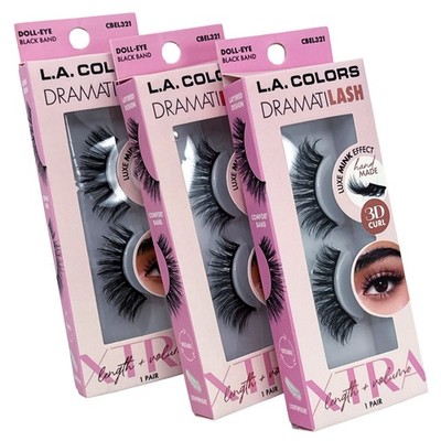 L.A. Colors DramatiLASH XTRA False Eyelashes Doll-Eye Black Band Lot of 3 3D
