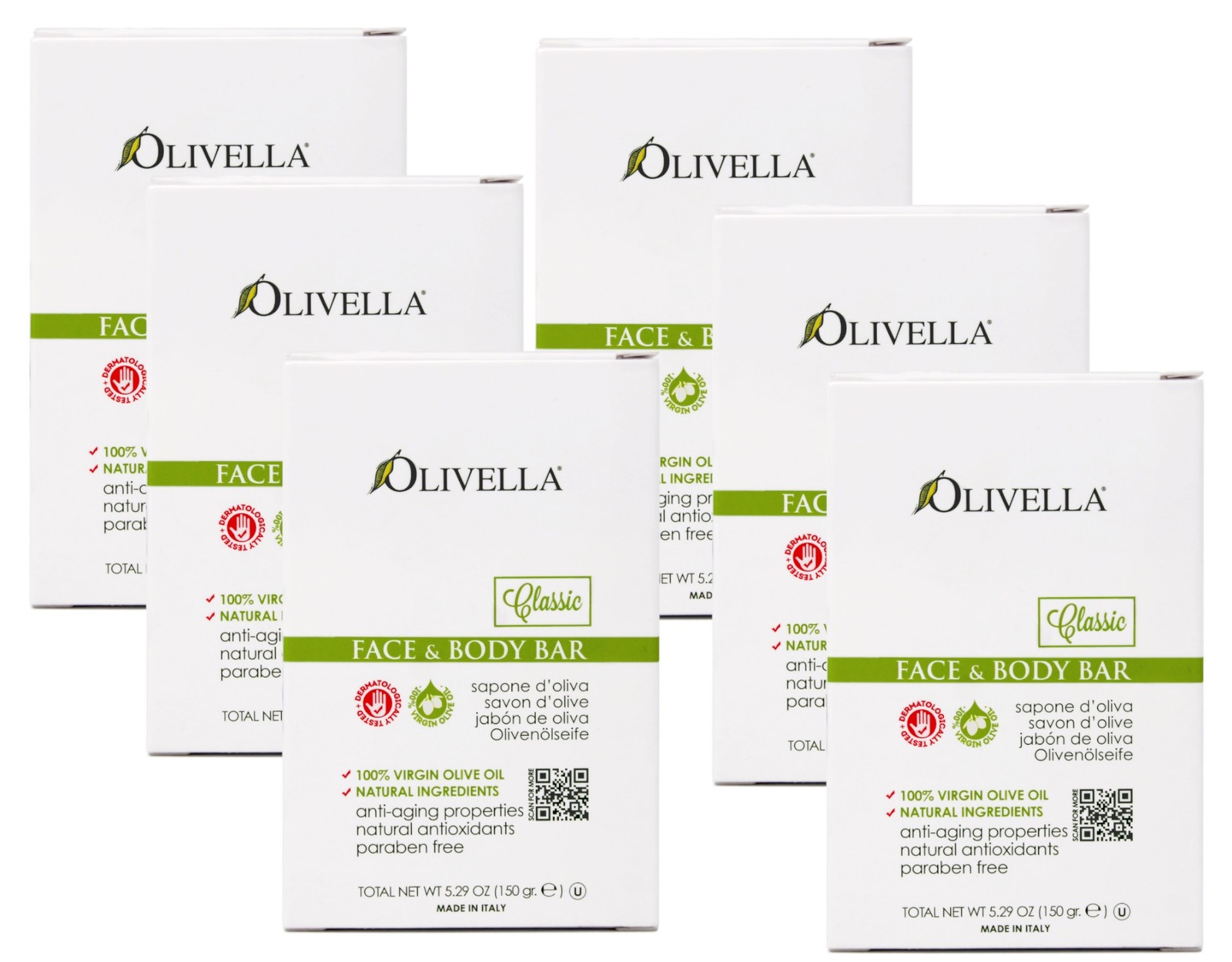 Olivella Jabón en Barra Clásico Cara y Cuerpo con Aceite de Oliva, 5.29 OZ - Paquete de 6