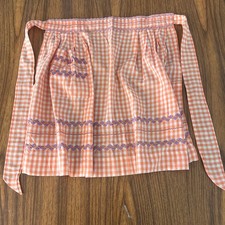Vtg Peach  White Gingham Check Apron w/ Hand Stitched Embroidery Rick Rack Trim