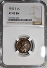 NGC XF-45 BN 1923-S Lincoln Cent, Superbly Struck, Chocolate-Brown specimen.